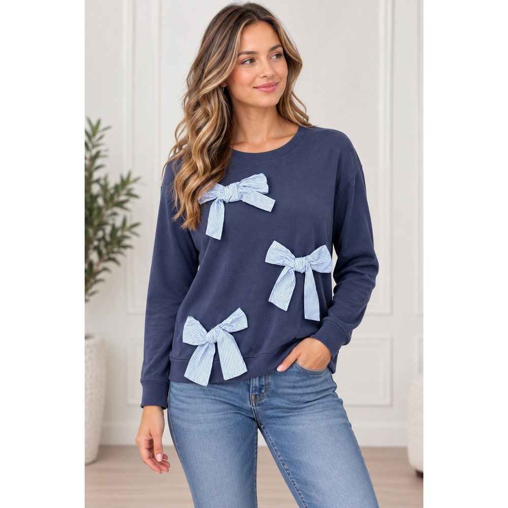 Halogen Sweatshirt‎ Navy Blue Pinstripe Bow Coquette Feminine Crewneck M Casual